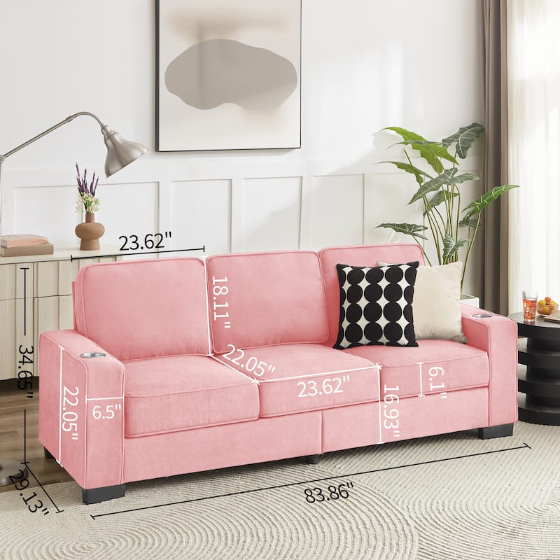 83.8'' Corduroy 3-Seat Sofa with Cup Holders, Modern Upholstered Couch, Compressed Living Room Sofa for Apartment Home Office