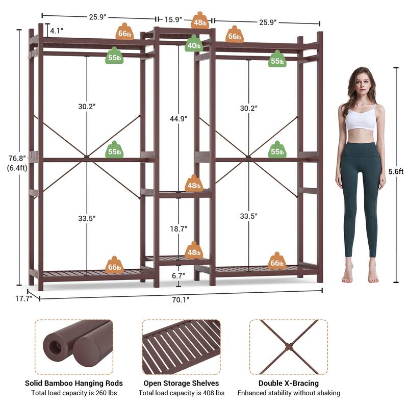 Bamboo Closet System Clothes Rack, Large Freestanding Garment Rack Clothing Rack for Hanging Clothes