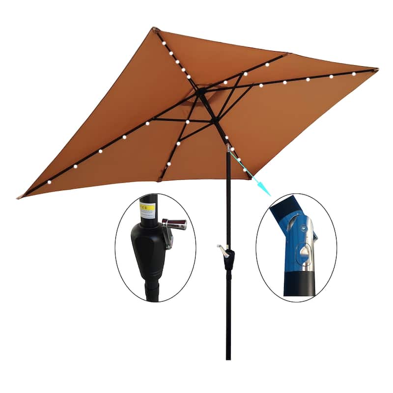 10 x 6.5t Rectangular Patio Solar LED Lighted Outdoor Market Umbrellas with Crank and Push Button Tilt for Garden Shade