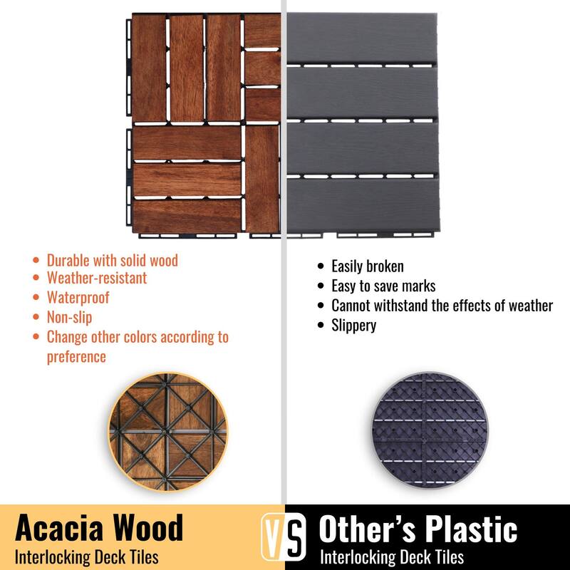 10 PCS Interlocking Deck Tiles Checker Pattern, 12" x 12" Square Acacia Hardwood Outdoor Flooring for Patio,Bancony,Pool Side