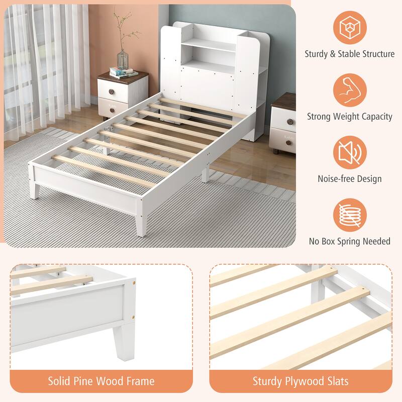 Gymax Twin Size Bed Frame Wooden Platform Bed Kids Bed Frame w/