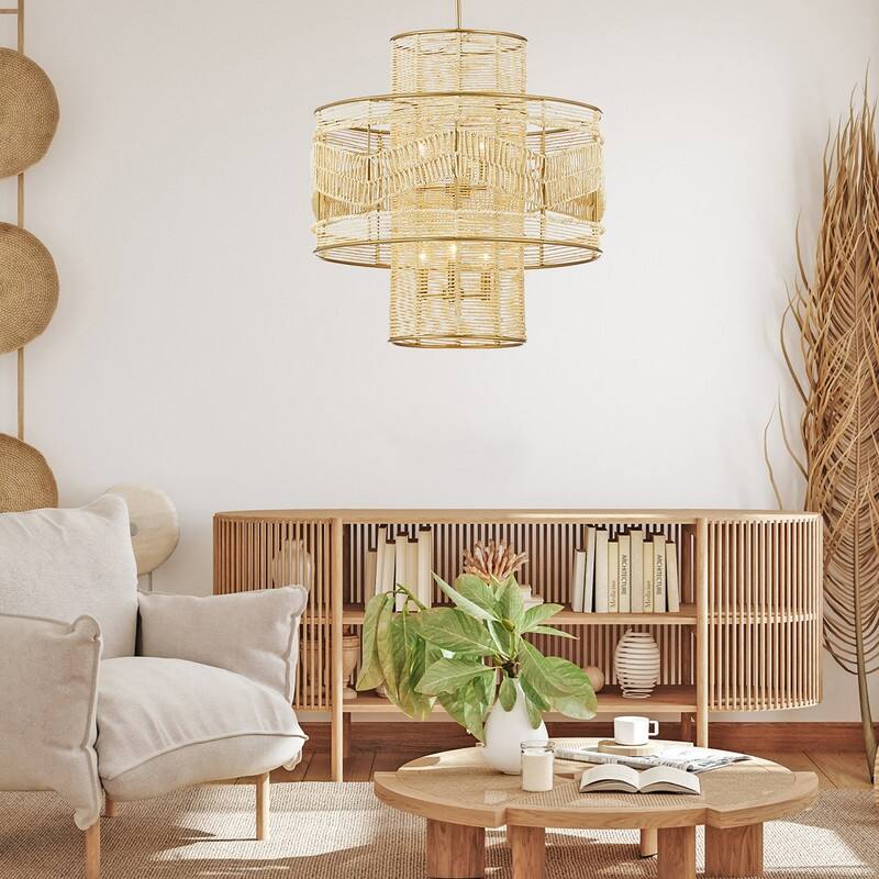 KAWOTI 6-Light Gold Tiered Chandelier Pendant Light with Rattan Shade - 26 '' L x 26'' W x 47.75'' H