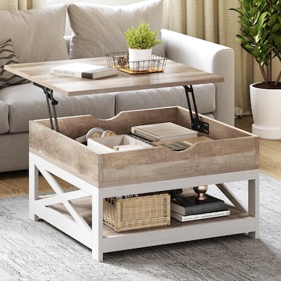 Moasis Farmhouse Lift Top Square Coffee Table with Storage and Shelf