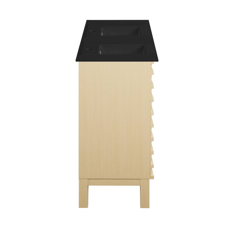 Cascade 48 In. Natural Oak, Double Basin Bathroom Vanity With Black Ceramic Sink Top