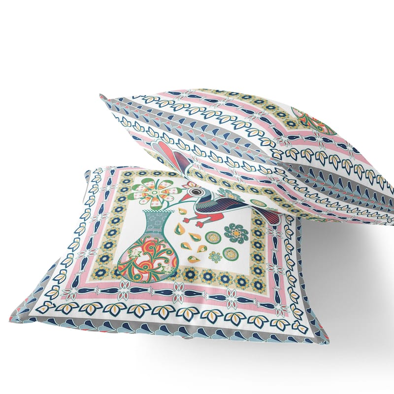 HomeRoots Set of Two 16" X 16" Pink and White Peacock Blown Seam Floral Indoor Outdoor Throw Pillow - 16.00' X '16.00' X '5.00