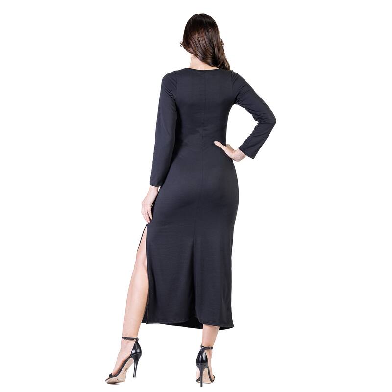 24seven Comfort Apparel Long Sleeve Side Slit Fitted Black Maxi Dress
