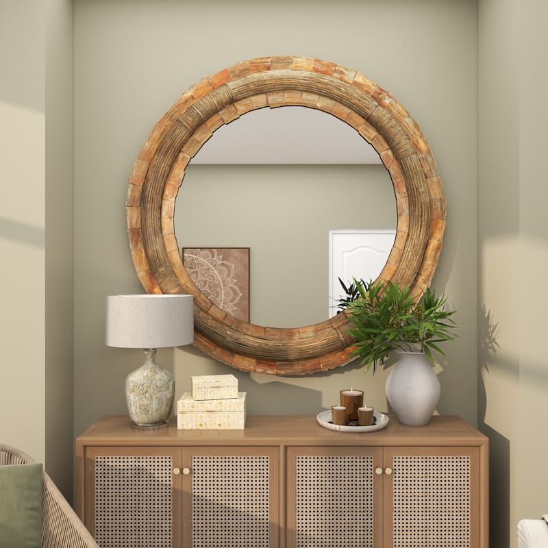 Brown Wood Large Room Wall Mirror with Layered Wood Chip and Stick Design