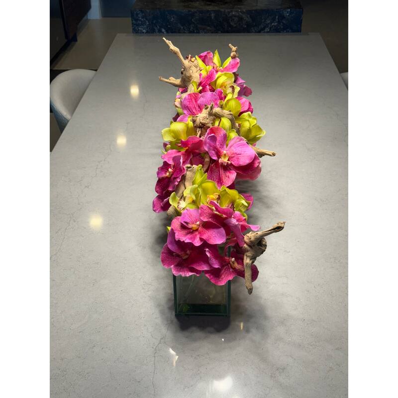 Casa Moderna Glass Planter With Pink Vandas And Green Cymbidiums - 24L x 8"H x 8"D