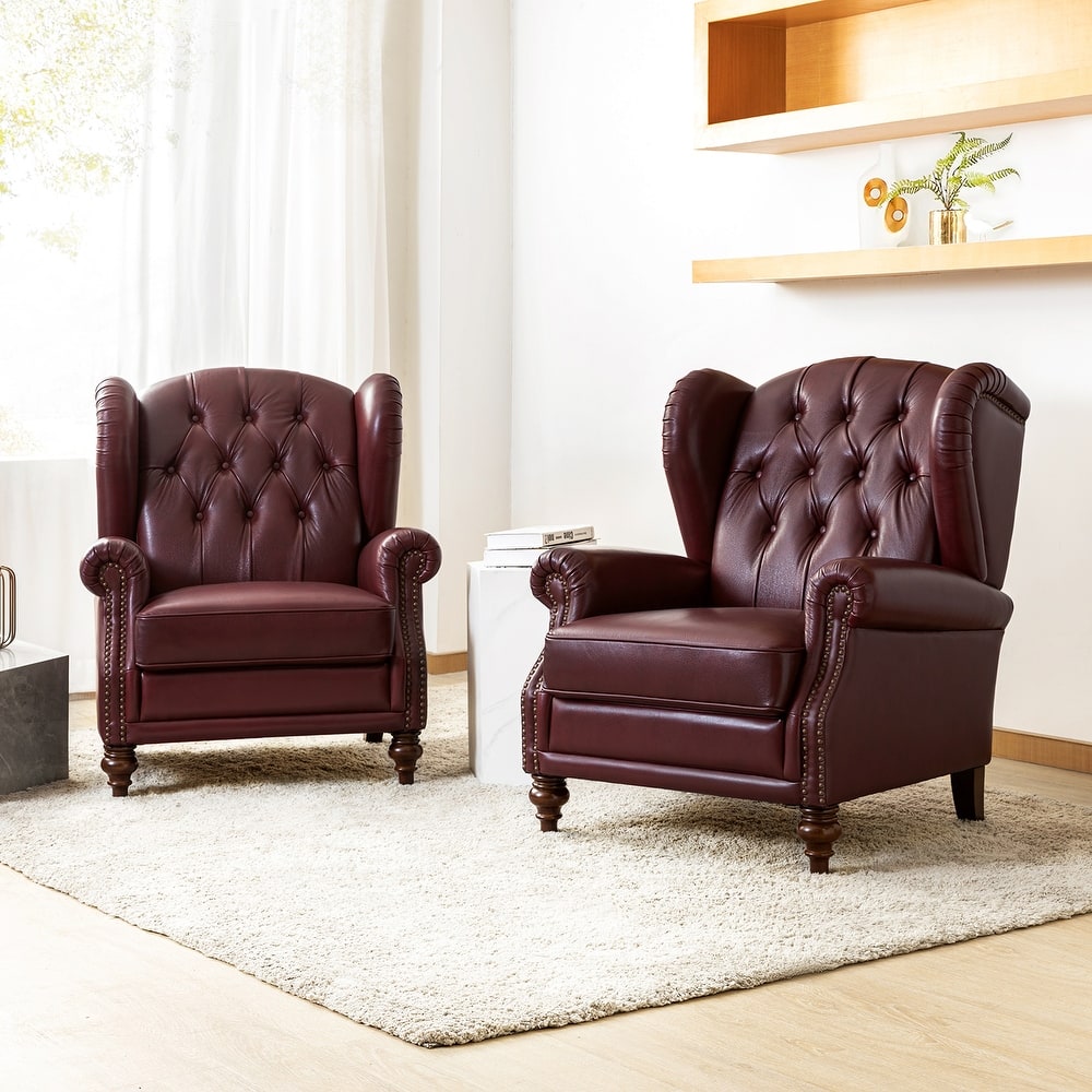 Alex Classic Wingback Leather Armchair with Nailhead Trim Set of 2 by HULALA HOME