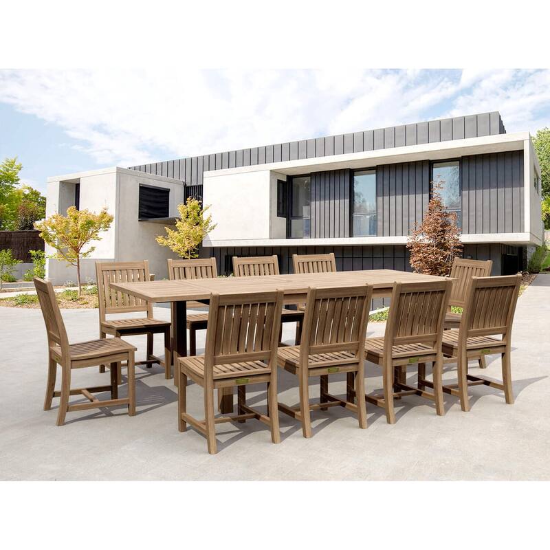 Rectangular Dining Set - 11 Piece Teak Table & Chairs - Gothic Design - Outdoor Patio Furniture
