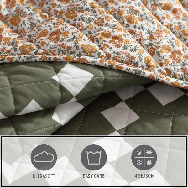 Eddie Bauer Diamond Floral Checkered Motif Reversible Quilt (Green 