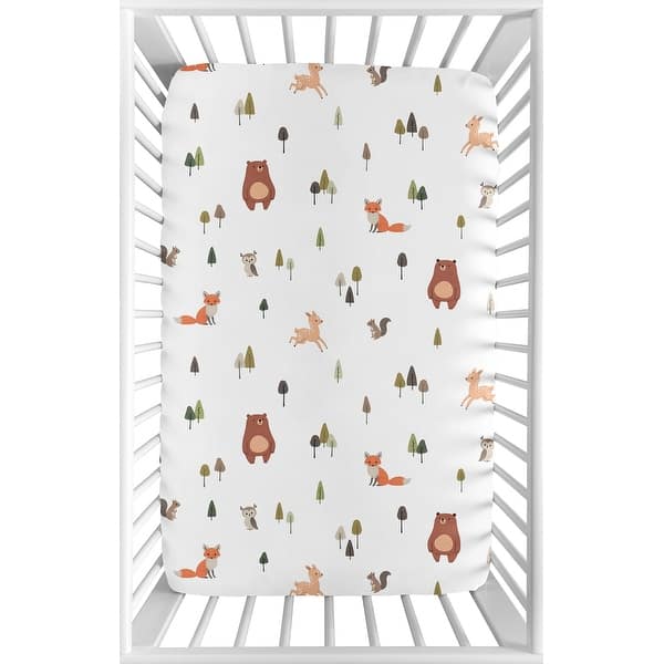 slide 2 of 7, Sweet Jojo Designs Woodland Animals Boy, Girl, Unisex/Gender Neutral Fitted Mini Portable Crib Sheet - Sage Green Forest Friends