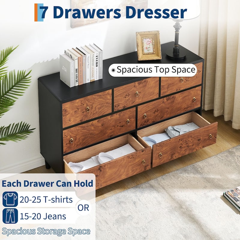 5/6/7 Drawer Dresser for Bedroom, Wood Chest with Curved Profile and Vintage Circle Handles