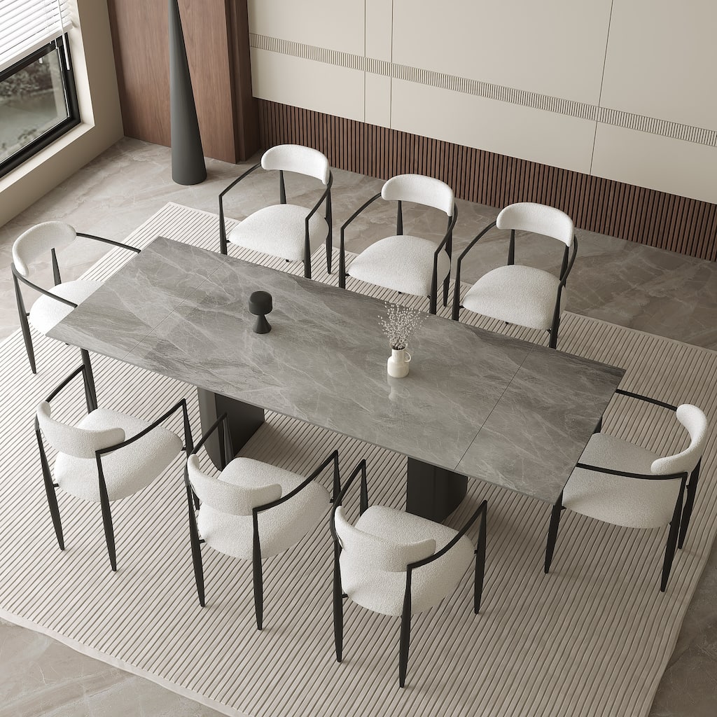 9 - Piece Extendable Sintered Stone Top Double Pedestal Dining Set With 8 Fabric Chairs