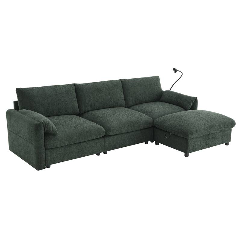 L-Shaped Chenille Sectional Sofa with Storage Ottoman, Lounge Sofa with Adjustable Phone Holder, Side Pockets & USB Charger Port