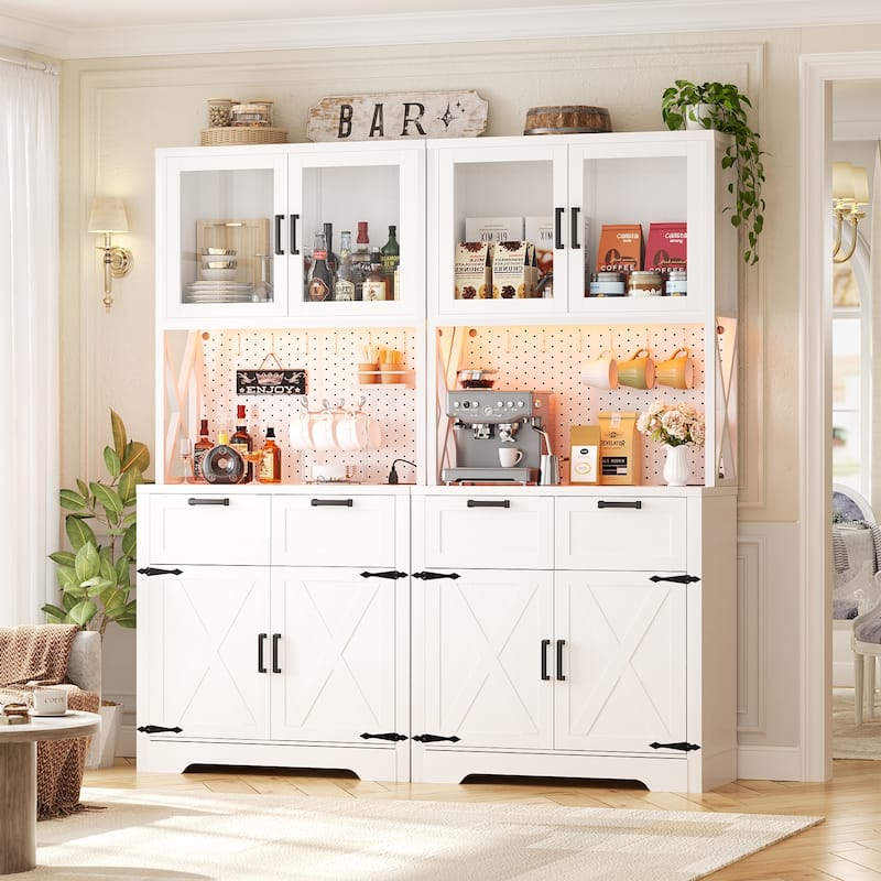 71" Kitchen Pantry Storage Cabinet with LED Light & Power Outlet, Freestanding Buffet Cabinet with Microwave Stand and Doors