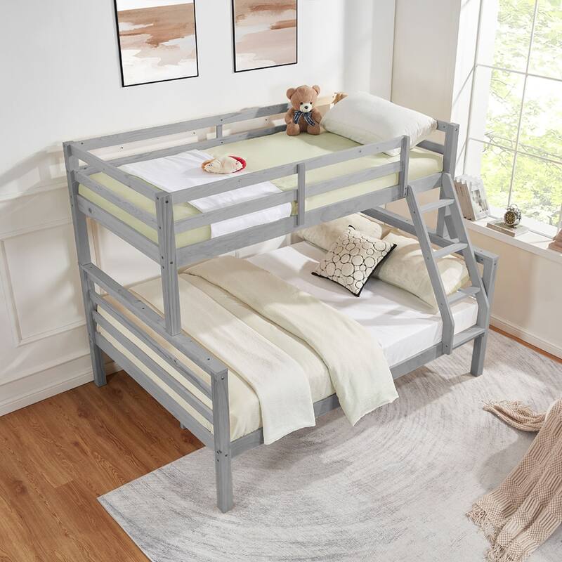Twin over Full Wooden Bunk Bed,High Guardrail,Ladder,No Box Spring