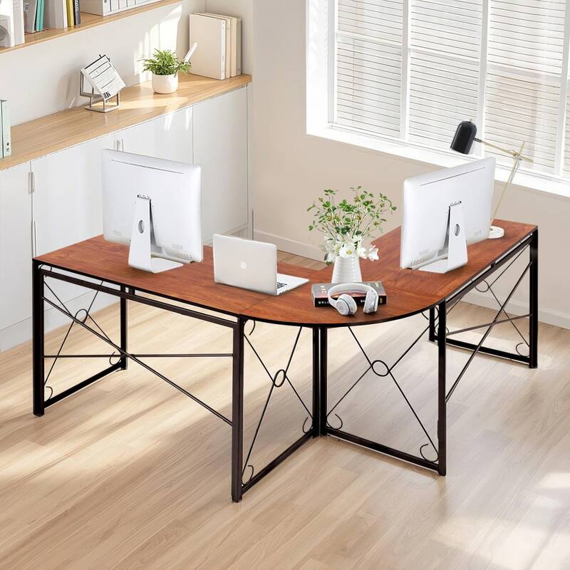 Javlergo L Shaped Gaming Desk Corner Desk Gaming Table for Home Office Computer Desk Sturdy Writing Workstation for Small Space - Brown