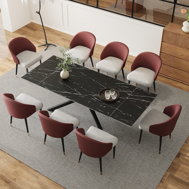 9 - Piece Extendable Rectangular Sintered Stone Cross Legs Dining Set With 8 Chairs For Home or Villa - Red&Grey Chair