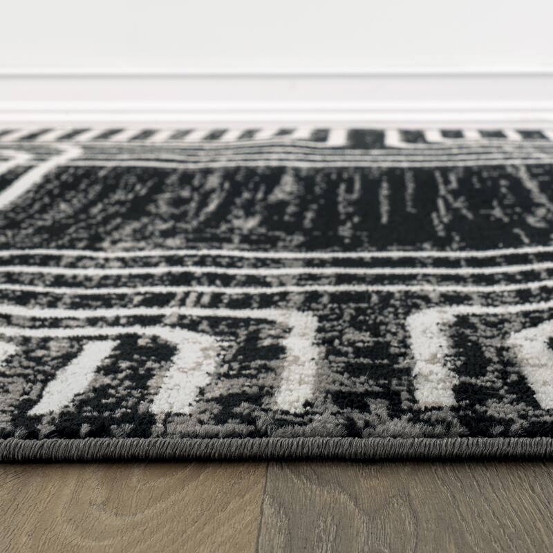 Bohemian Lines Black Ivory Gray Durable Area Rug Pet Friendly, Perfect for Entryway, Living Room, and Bedroom