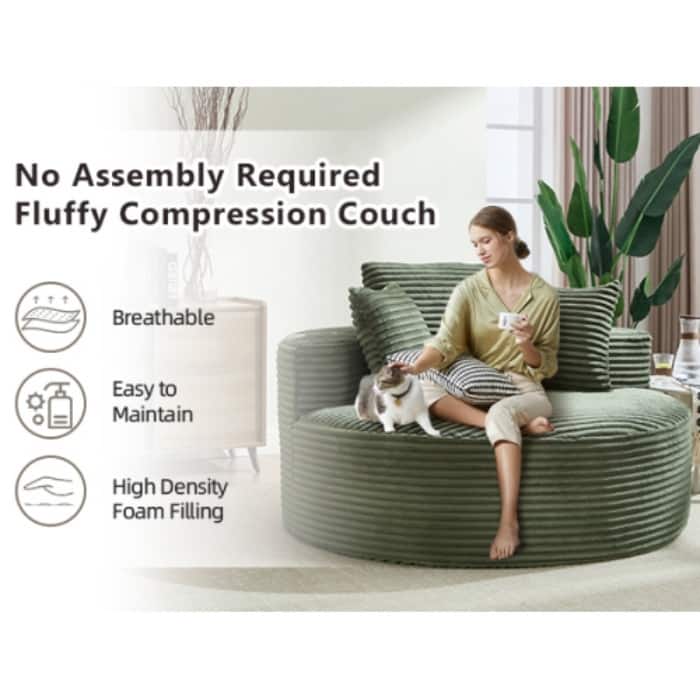 Round Memory Foam Sofa Bed, Cloud Sectional Couch with 3 Pillows for Living Room