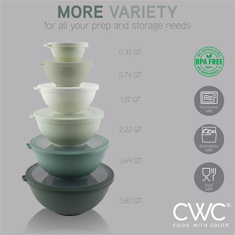 COOK WITH COLOR - 12 Piece Plastic Nesting Bowls - 6 Prep Bowls and 6 Lids, Microwave Safe.
