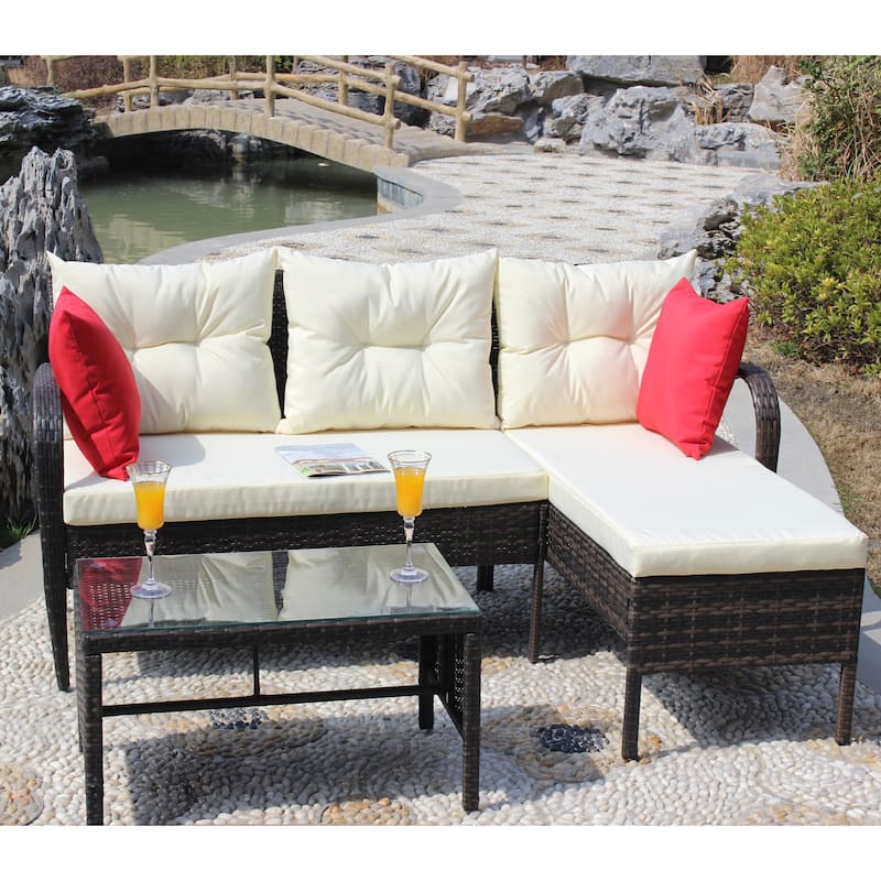 3Piece Outdoor Wicker Rattan Sectional Sofa Set with Seat Cushions and