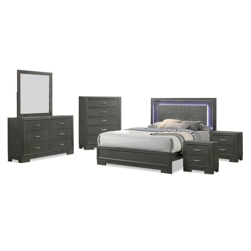 Furniture of America Lalt Modern 6-Piece Metallic Grey Wood Panel Bedroom Set with LED Light