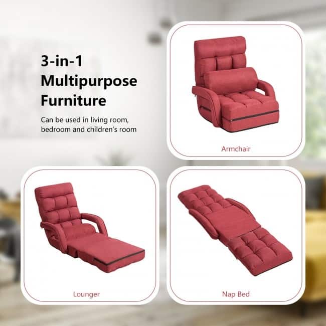 Folding Lazy Floor Chair Sofa with Armrests and Pillow-Red - 22" x 26" x 29" (L x W x H)