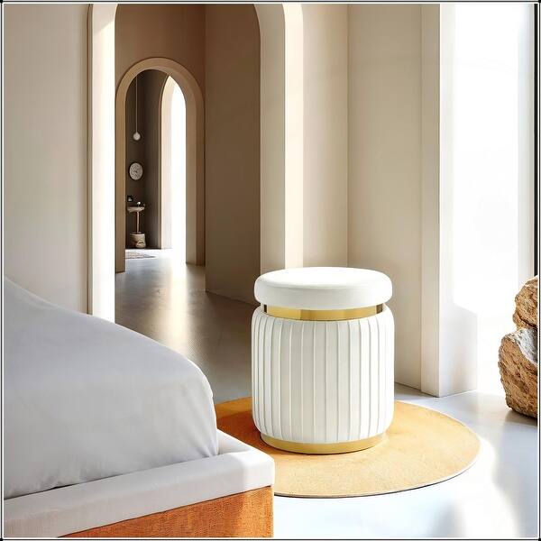 Round Accent Stool Stainless Steel Gold Trim Velvet Fabric White Finish ...