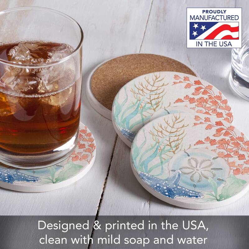 CounterArt Sea View Round Absorbent Stone Coaster 4 Pack with Protective Cork Backing. Manufactured in The USA