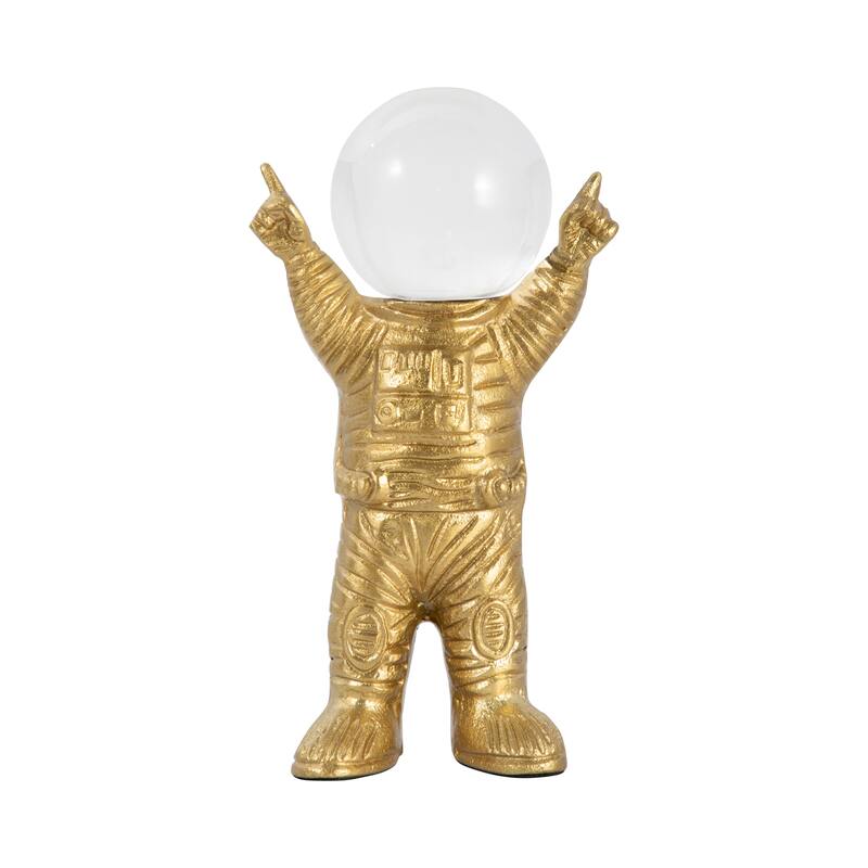 Decorative Metal Astronaut Figurine - Glass Orb Head - 9", Gold - 9.0"