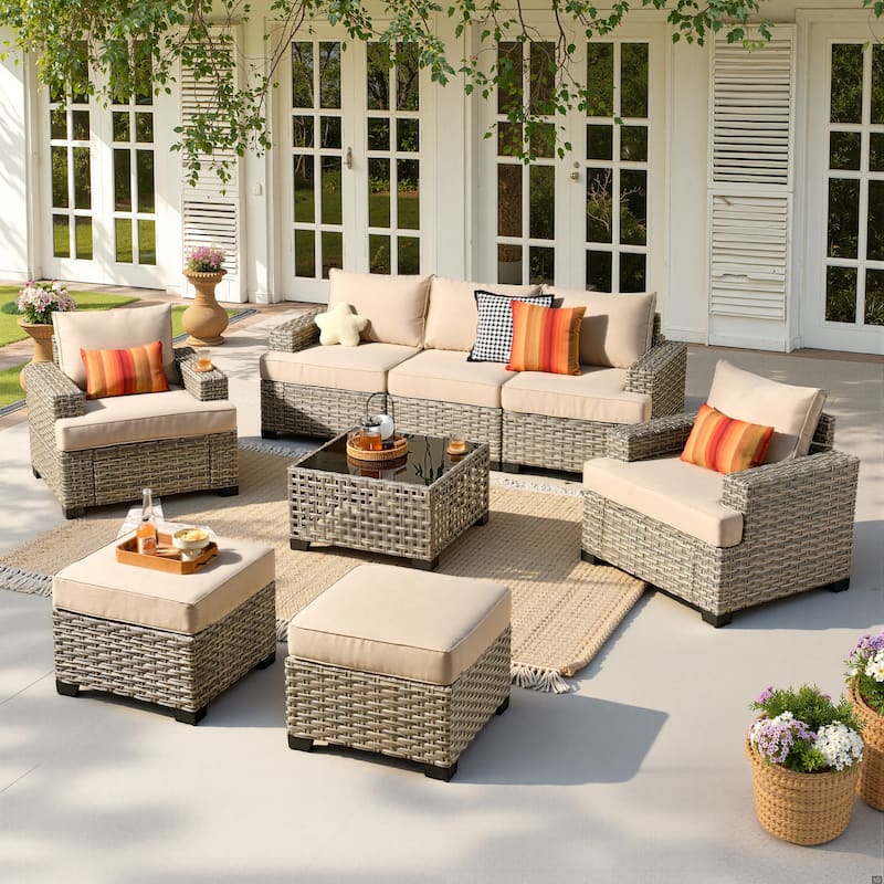 HOOOWOOO 8-piece Outdoor Sofa Patio Wicker Furniture Sectional Set with Coffee Table - Beige