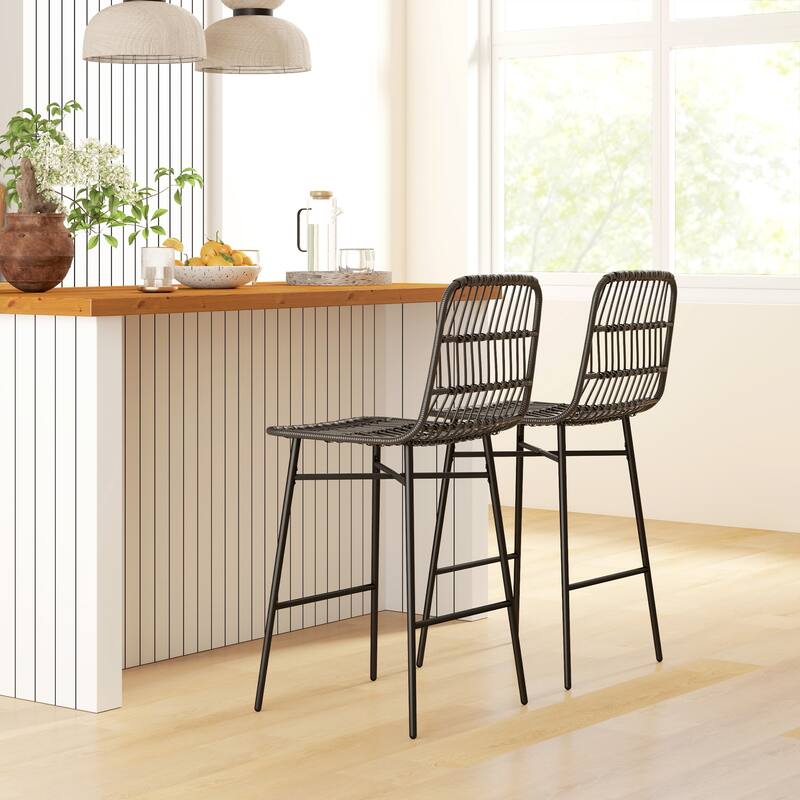 2-Pack Woven Rattan Counter Stools with Steel Legs and Adjustable Feet for Home or Bar Seating - 16.9" W x 22" D x 39.8" H - Black