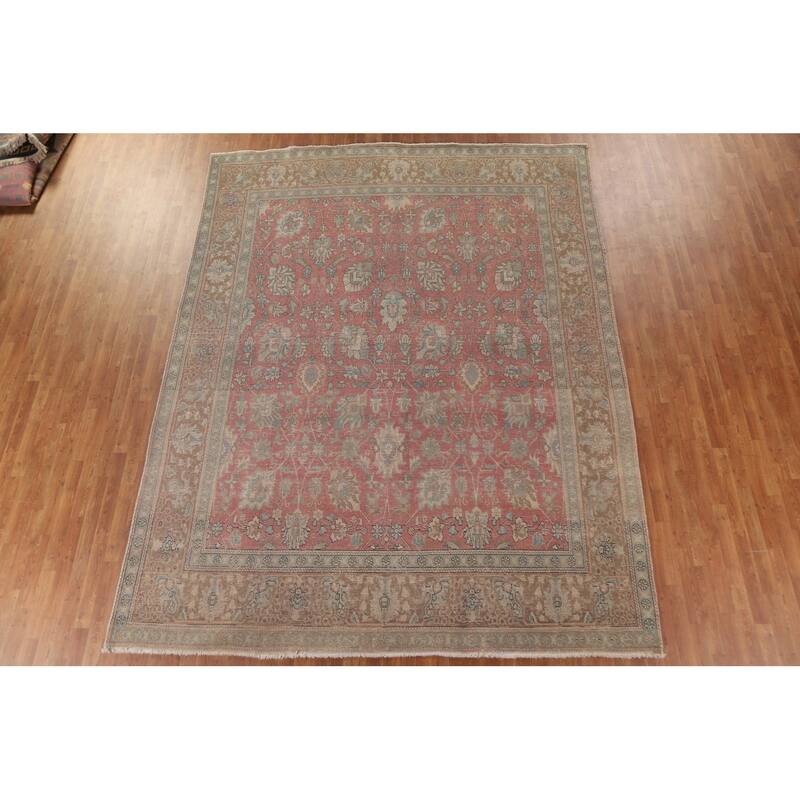 Pink Distressed Tabriz Persian Antique Rug Hand-knotted Wool Carpet - 9'5" x 12'3"