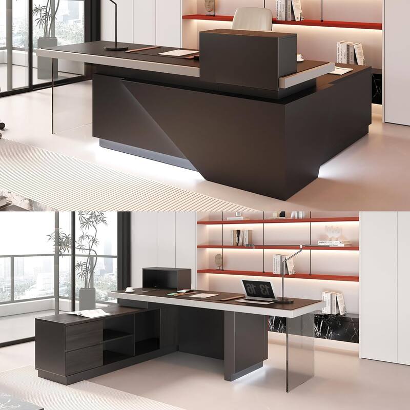 Black L Shaped Office Industrial Executive Desk with Cable Box Socket and LED Light