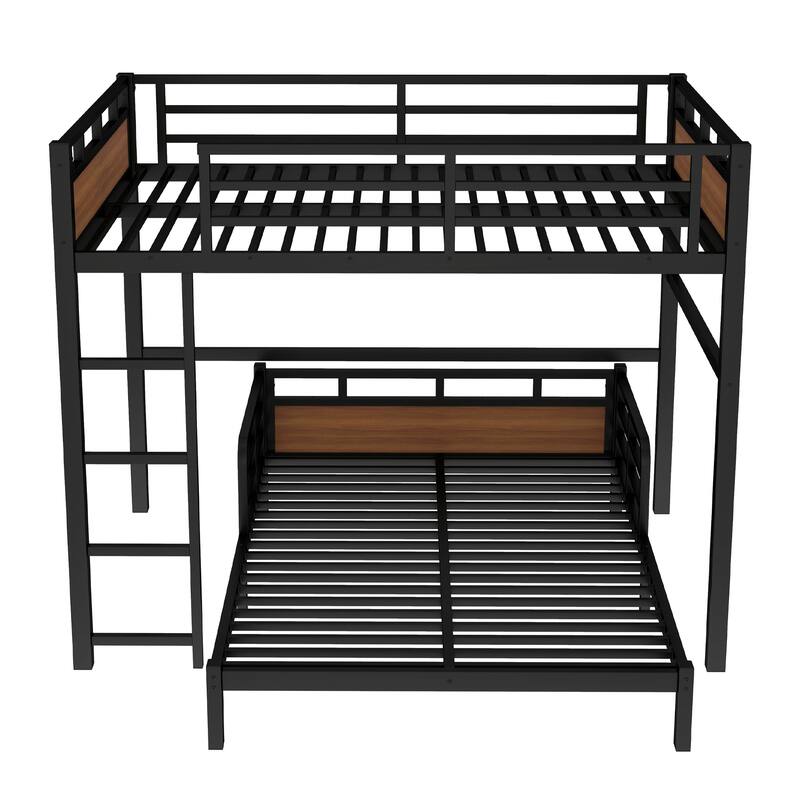 Roomfitters Twin/Full/Queen Metal Bunk Bed & Loft Bed with Raised Safety Fence, Convertible Platform Design, Vintage Wood