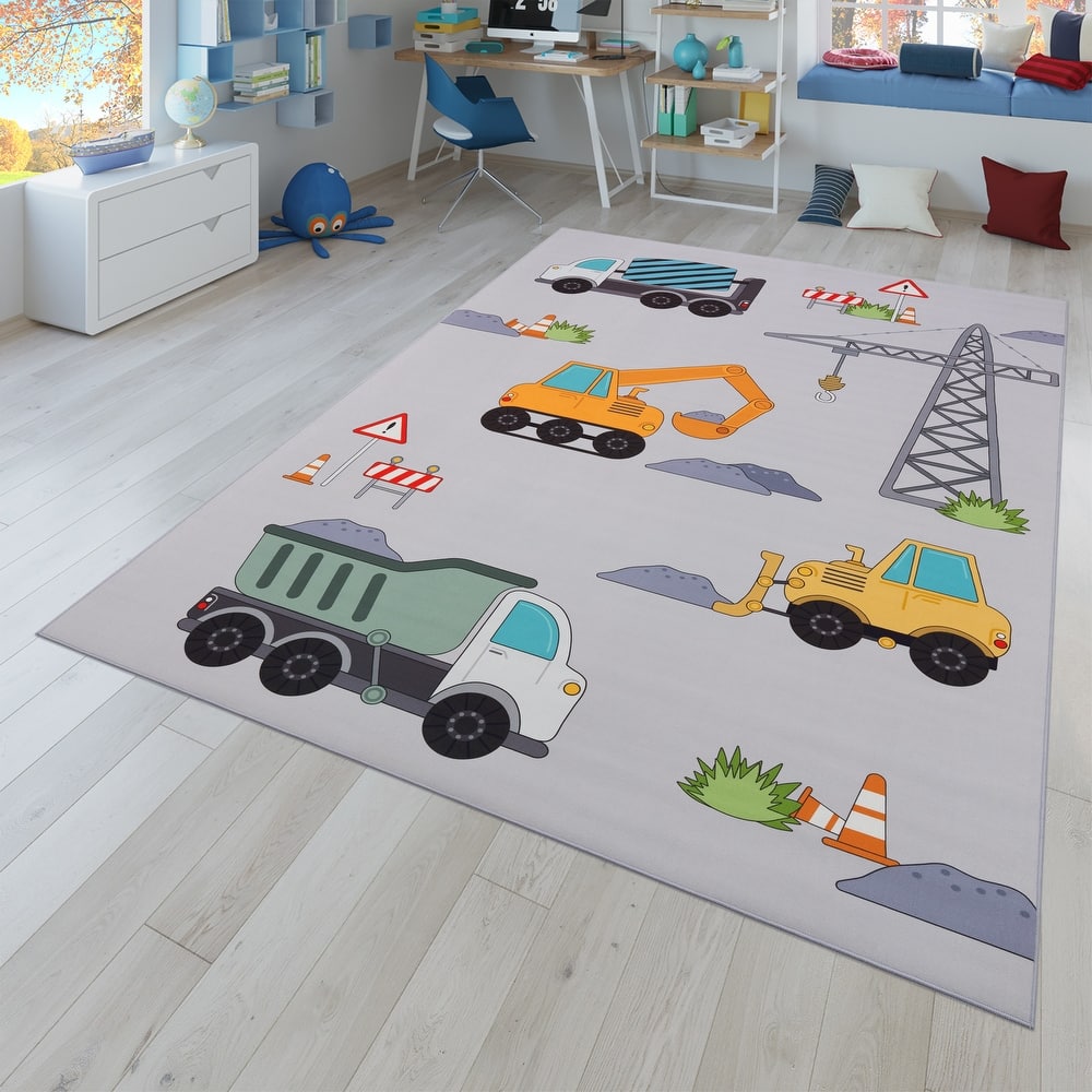 Kids Rug for Nursery Construction Site Play Mat Cranes Trucks in Grey