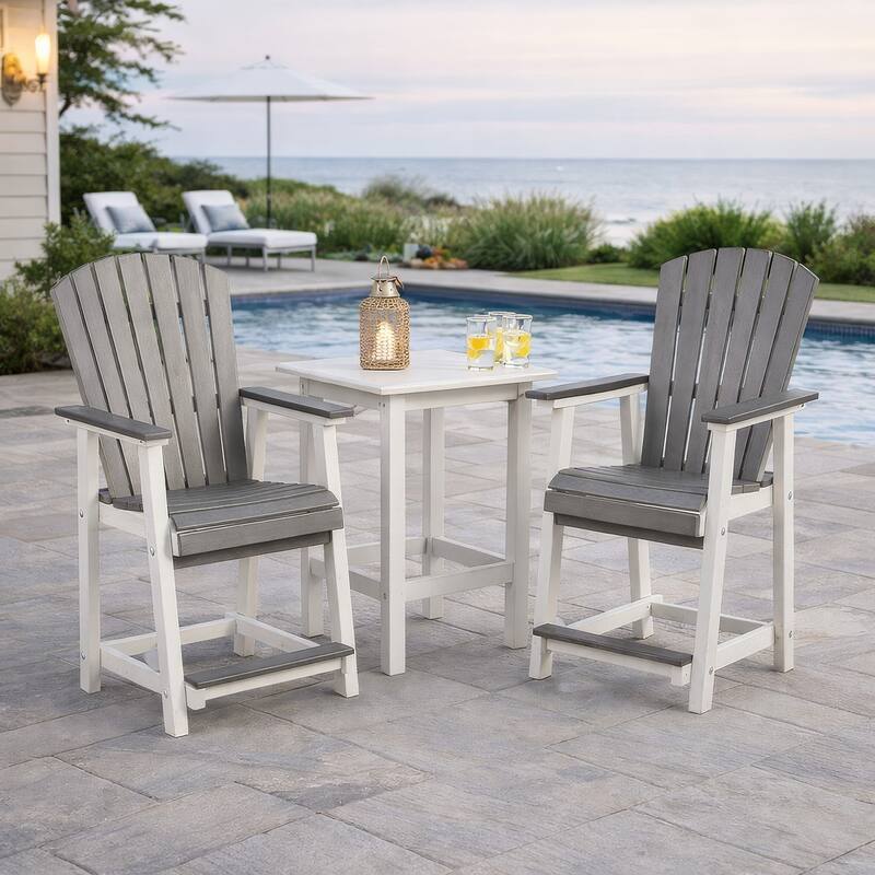 24 Inch Counter Stool Armchair Set of 2, Outdoor Slatted, Gray, White