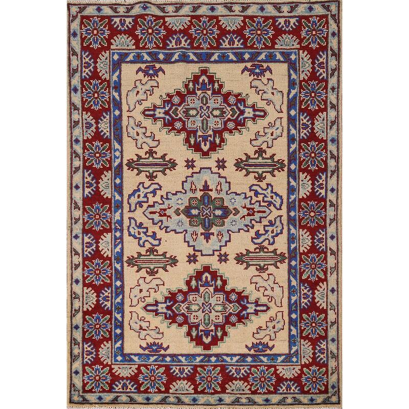 Geometric Kazak Accent Rug Handmade Yellow Wool Carpet - 3'6" x 5'1"