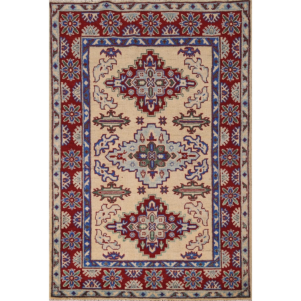 Geometric Kazak Accent Rug Handmade Yellow Wool Carpet - 3'6" x 5'1"