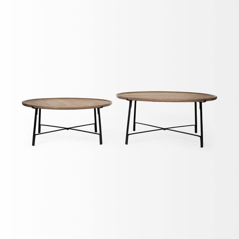 Helios III Round Medium Brown Solid Wood w/ Black Iron Base Nesting Tables
