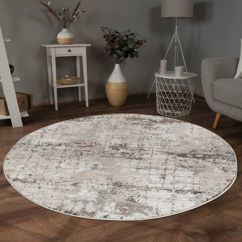 Omari Collection Cream/Brown Abstract Traditional Area Rug - 7'9" Round