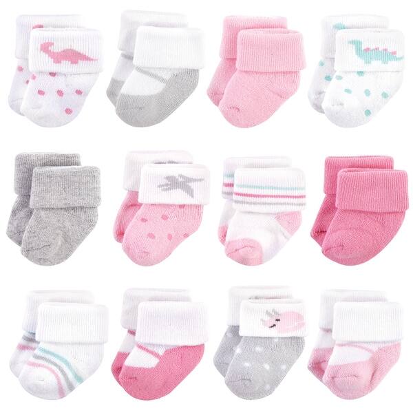 slide 1 of 1, Hudson Baby Infant Girl Cotton Rich Newborn and Terry Socks, Girl Dino, 0-3 Months - Girl Dino Girl Dino - 0-3 Months