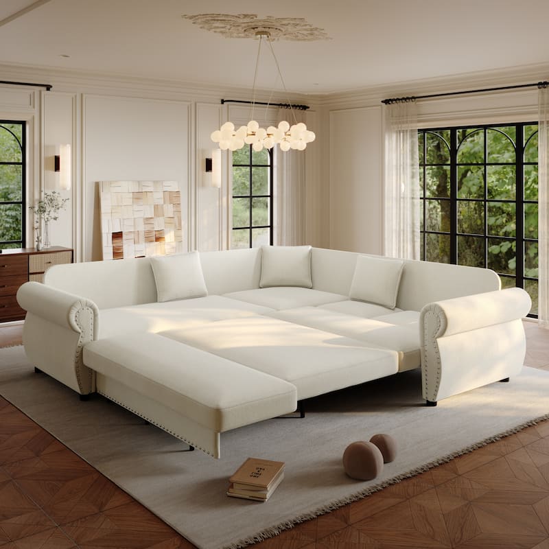 88.2" L-Shaped Sleeper Sectional Sofa with Pull-Out Bed - Chenille Convertible Couch, Nailhead Trim, for Living Room
