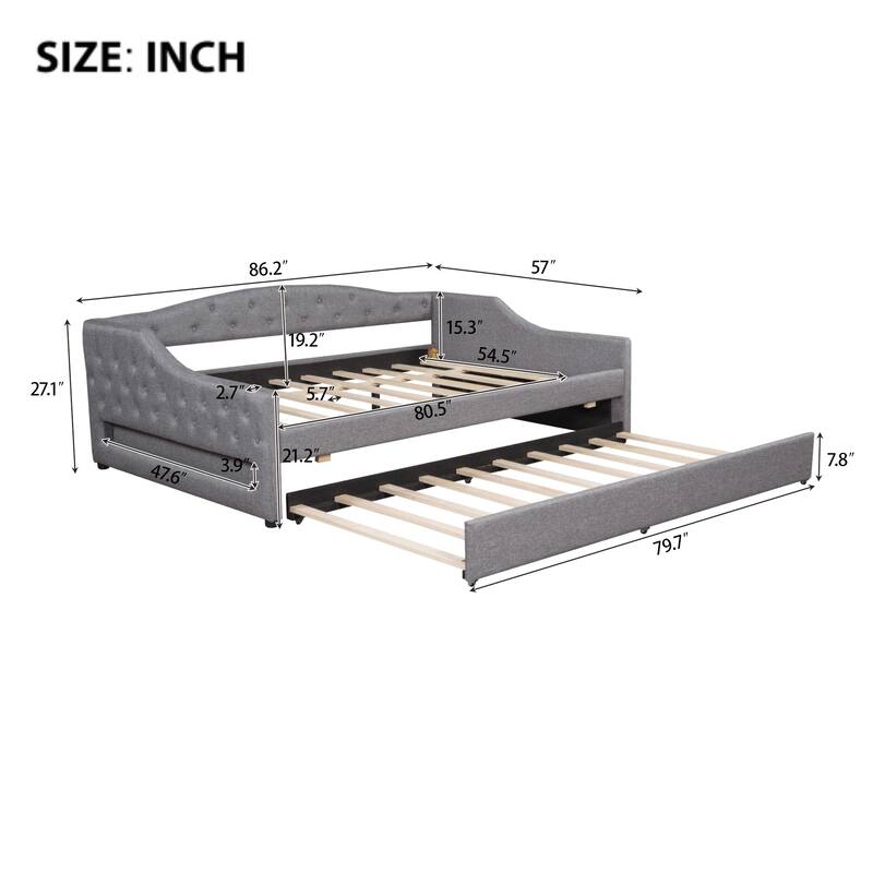 Full XL Upholstered Daybed with LED Lighting and Trundle, Gray