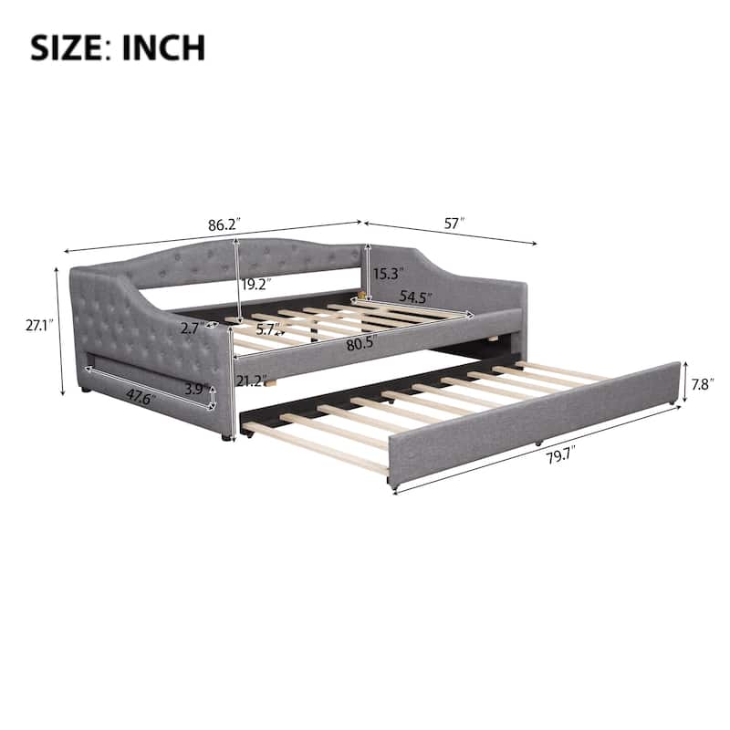 Linen Fabric Daybed Sofa Bed with LED Lights on Both Sides, Upholstered Tufted Platform Bed Frame with Trundle Bed