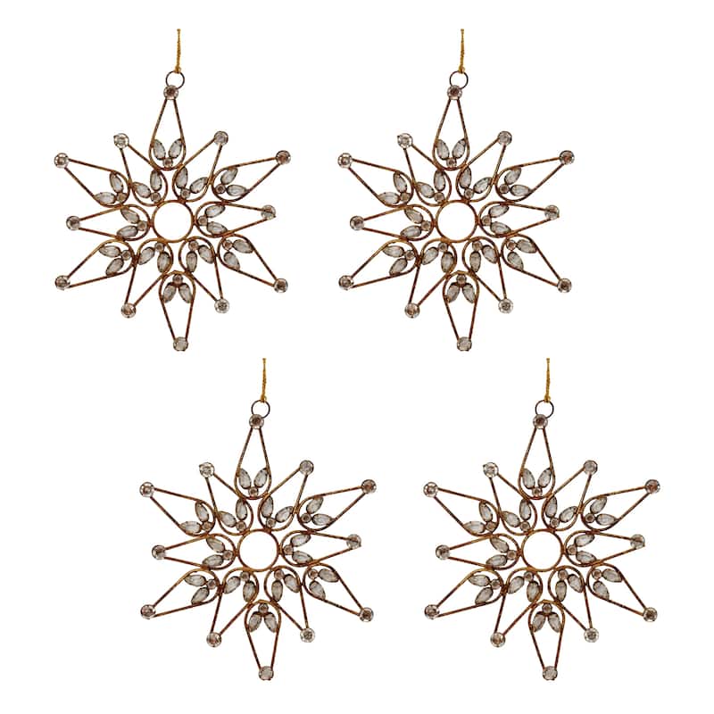 Set of 4 Snowflake Ornaments with Glass Jewels for Holiday Decor - 9.25” x 0.5” x 9.75” - Brown