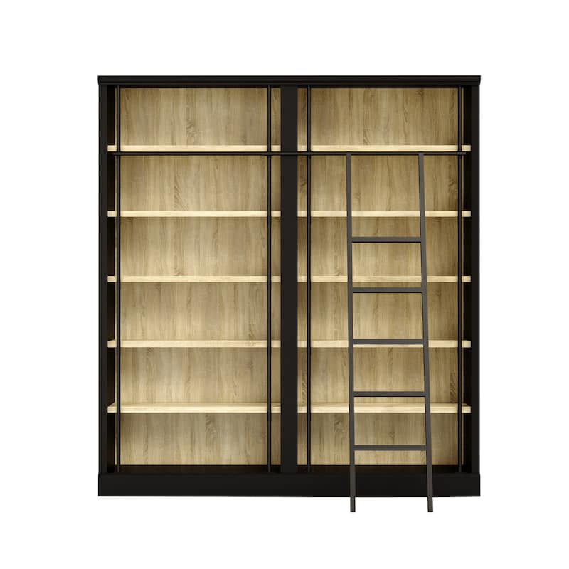 Large Ladder Bookshelf with Adjustable Rolling Ladder, Tall Library Bookcase Storage Display Unit