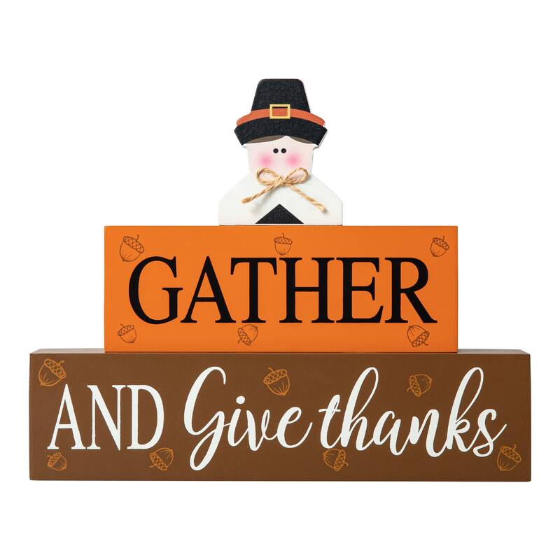 Glitzhome 9.5"L Thanksgiving Wooden Pilgrim Table Block Sign - Brown